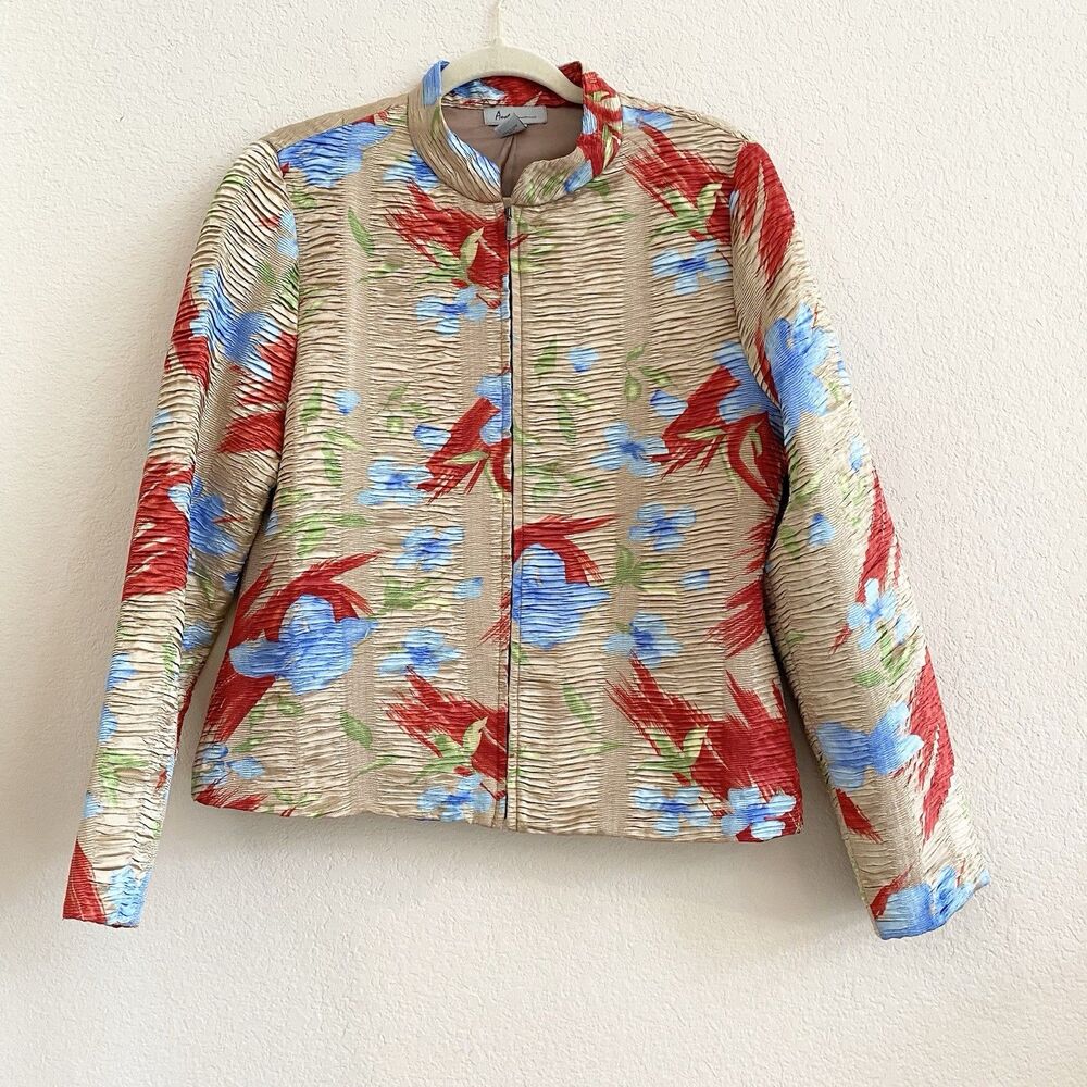 Analogy Colorful Jacket Crinkle Floral Full Zip Long Sleeve Womens Size Medium